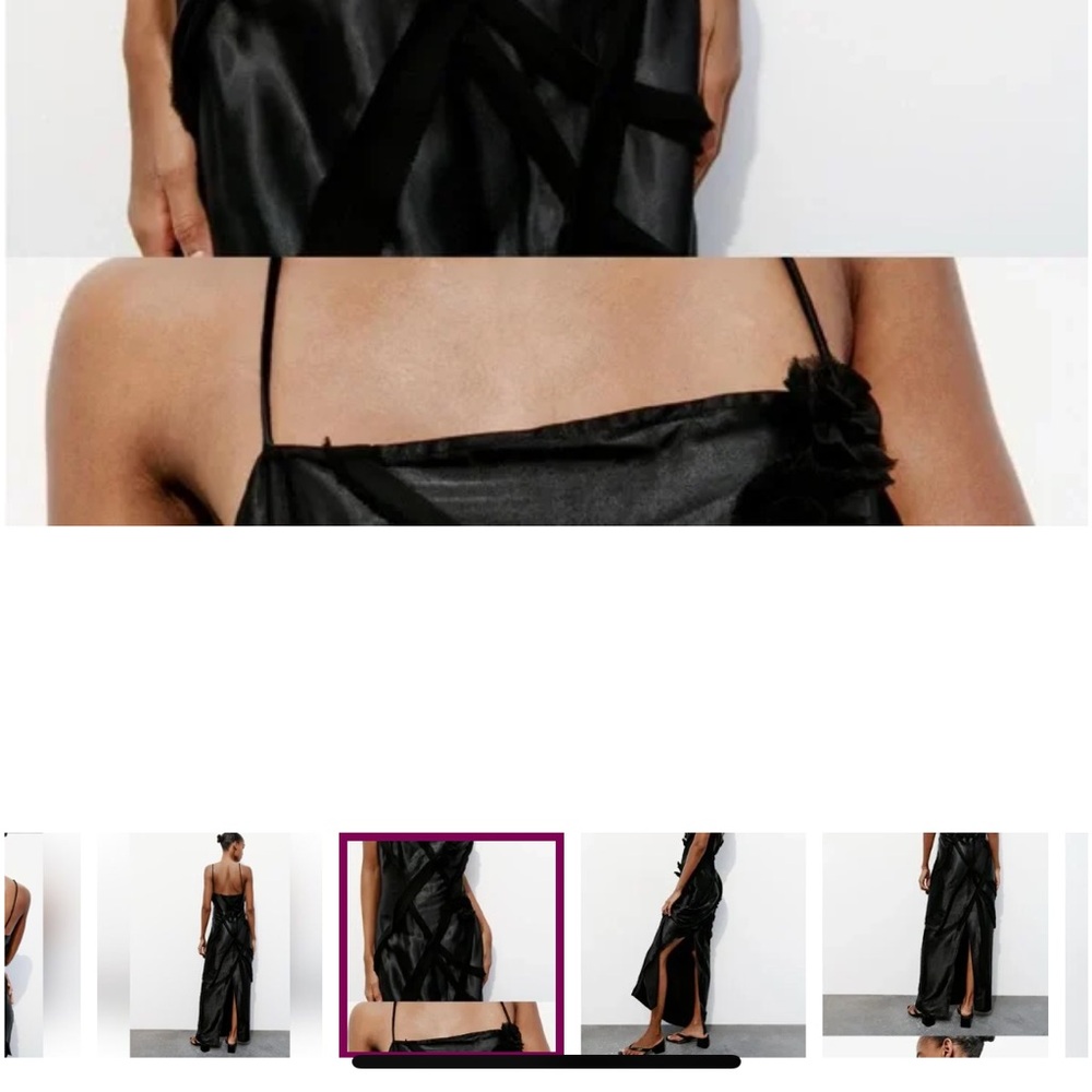 Zara NWT black satin & mesh floral appliqué slip maxi dress with spaghetti strap - Picture 5 of 12